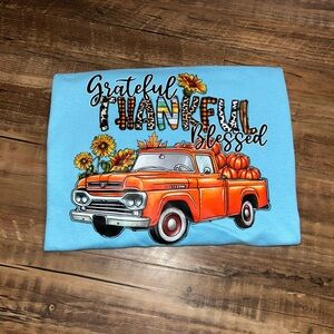 Adults Blue Graphic Tee with Orange Truck Design Grateful Thankful Blessed